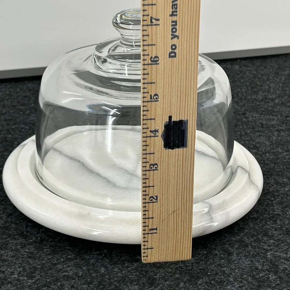 White Marble Cheese Board with Glass Cloche Dome Round Serving Platter 7.5 Inch